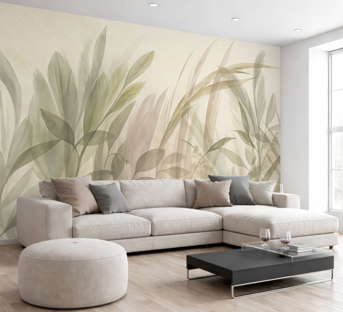 Fototapeta Abstrakcyjna multikompozycja nieostrych, zielonych liści tropikalnych w tonacjach jasnej zieleni i szarości.