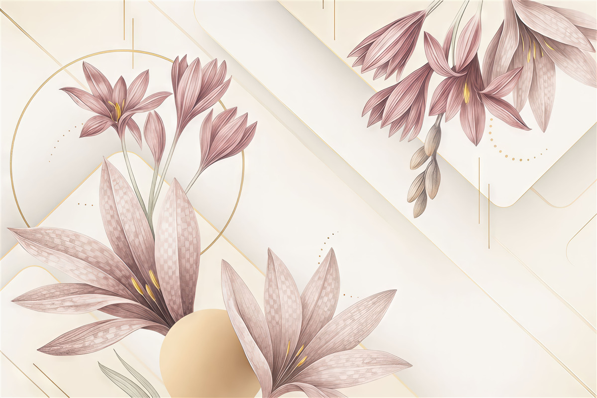 Fototapeta Wielkie, intensywne fioletowe kwiaty z subtelnymi płatkami na jasnym, geometrycznym tle.