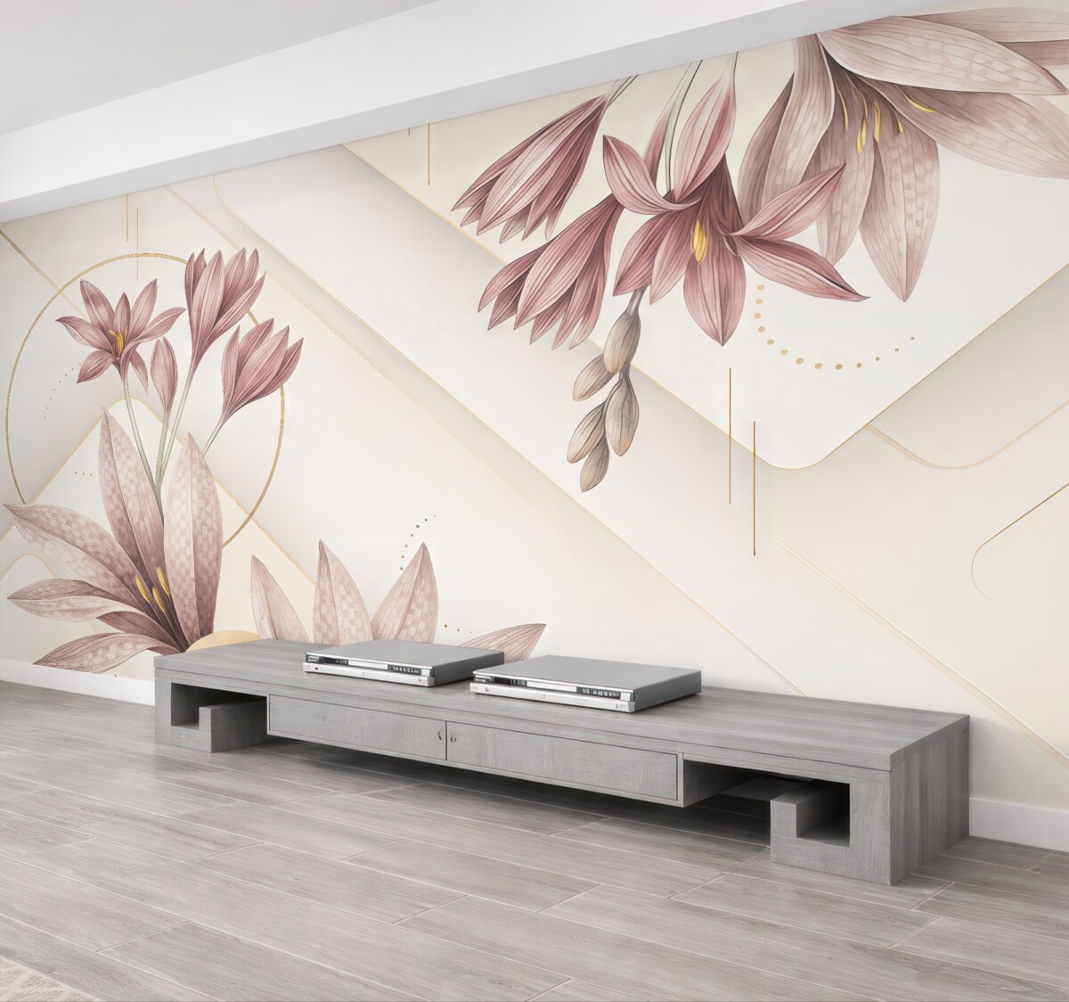 Fototapeta Wielkie, intensywne fioletowe kwiaty z subtelnymi płatkami na jasnym, geometrycznym tle.