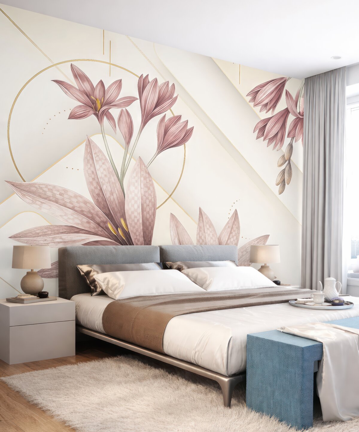 Fototapeta Wielkie, intensywne fioletowe kwiaty z subtelnymi płatkami na jasnym, geometrycznym tle.