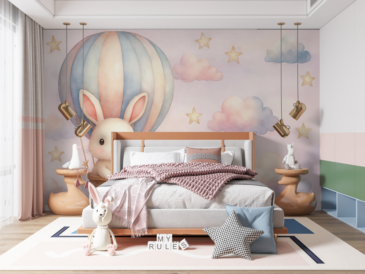 Fototapeta Królik unoszący się w balonie.