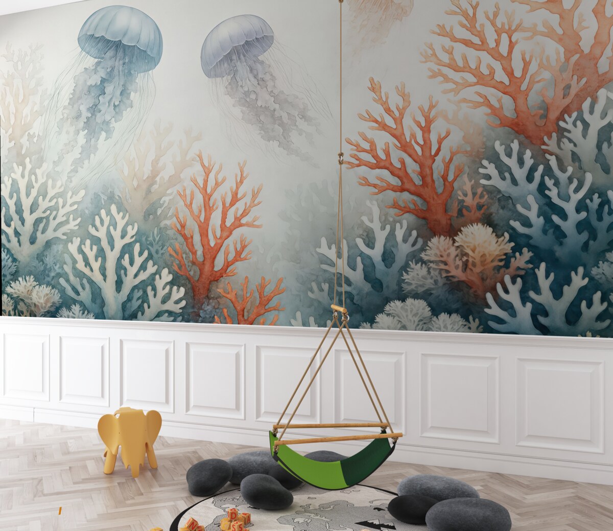 Fototapeta Korale oceaniczne, pływające meduzy, akwarelowe, szarawy, niebieskawy, czerwony.