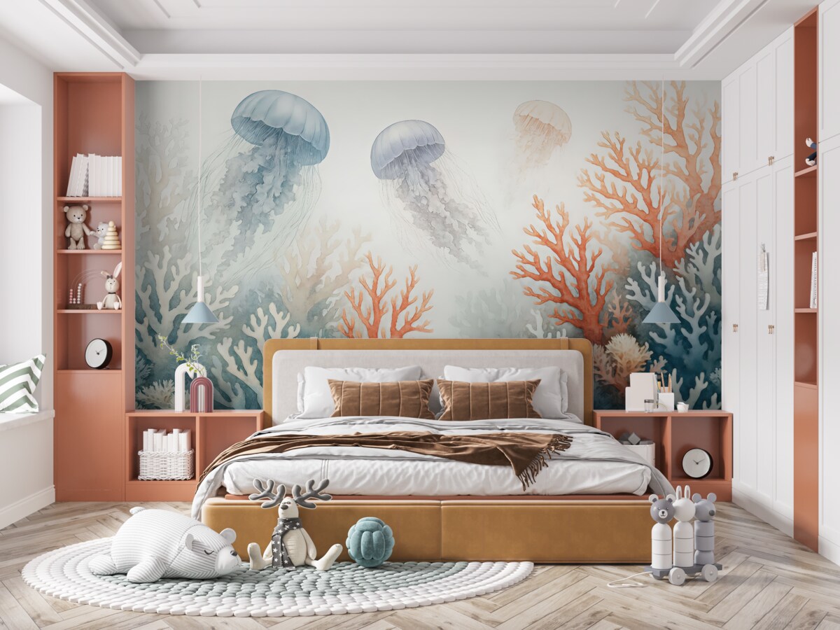 Fototapeta Korale oceaniczne, pływające meduzy, akwarelowe, szarawy, niebieskawy, czerwony.