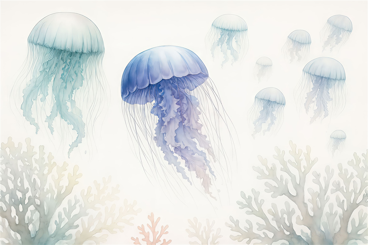 Fototapeta Meduza oceaniczna, akwarela, szary, błękitny, rubinowy.