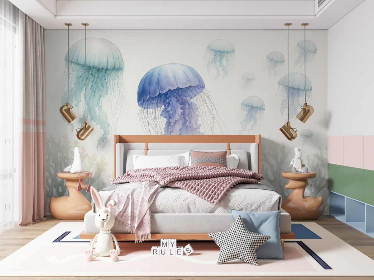 Fototapeta Meduza oceaniczna, akwarela, szary, błękitny, rubinowy.