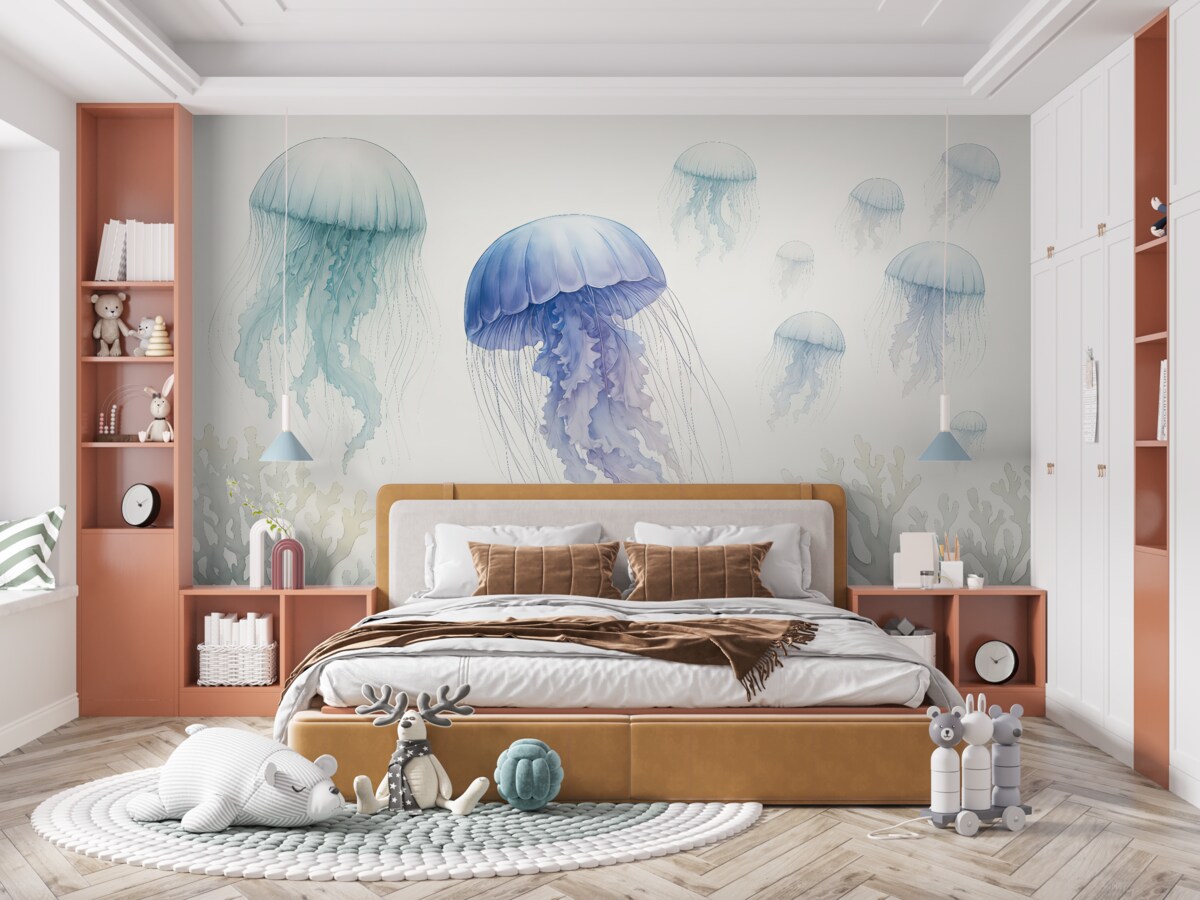 Fototapeta Meduza oceaniczna, akwarela, szary, błękitny, rubinowy.