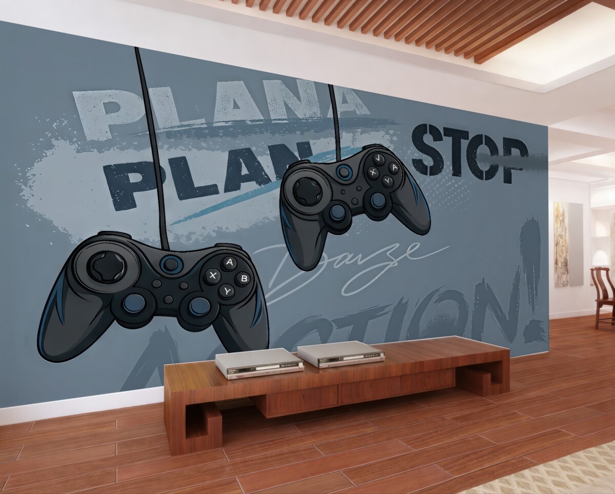 Fototapeta Tapeta dla młodzieży z joystickami i graficznymi napisami w odcieniach niebieskich.