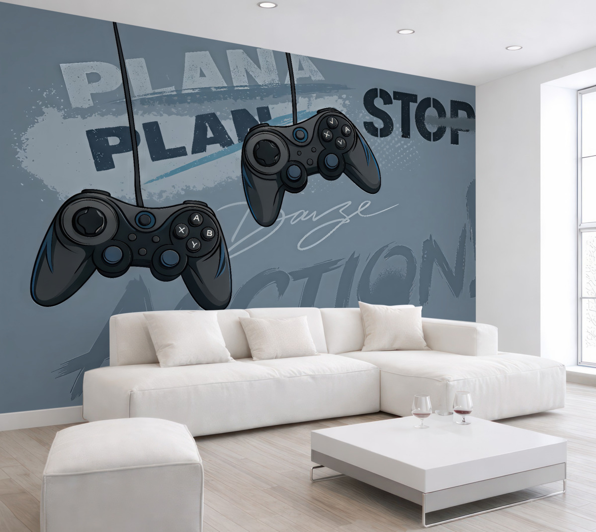 Fototapeta Tapeta dla młodzieży z joystickami i graficznymi napisami w odcieniach niebieskich.