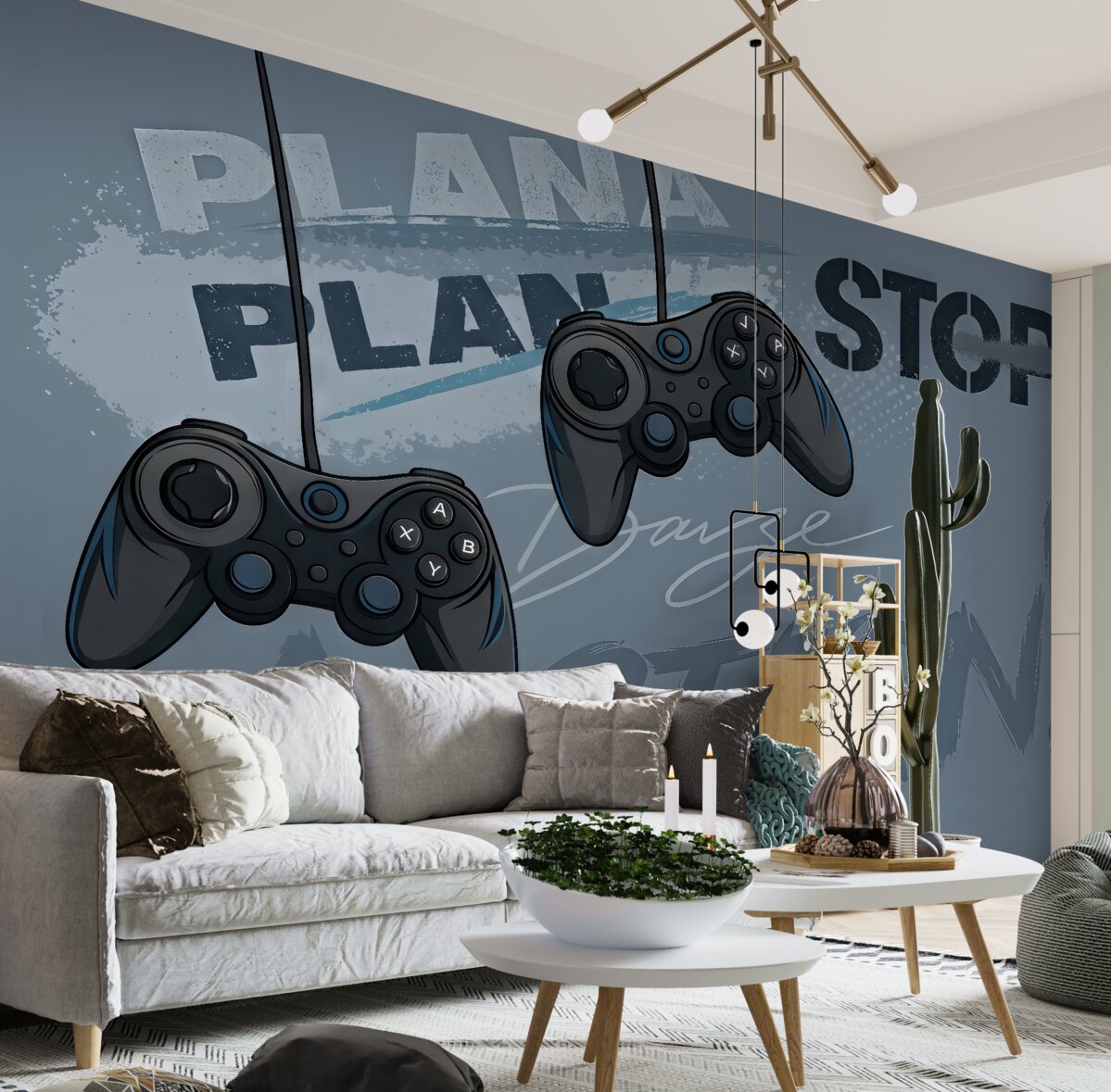 Fototapeta Tapeta dla młodzieży z joystickami i graficznymi napisami w odcieniach niebieskich.