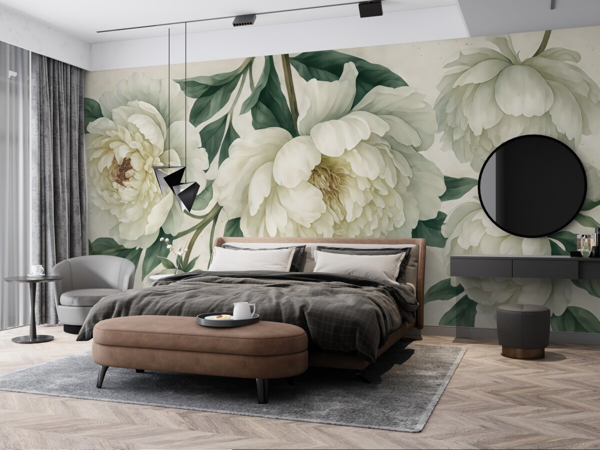 Fototapeta Białe, duże piwonie z zielonymi liśćmi na jasnym tle z fakturą.