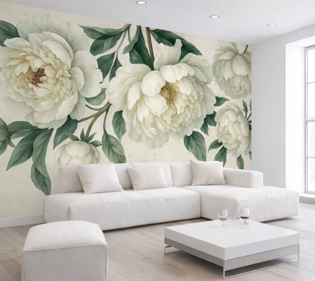 Fototapeta Białe, duże piwonie z zielonymi liśćmi na jasnym tle z fakturą.