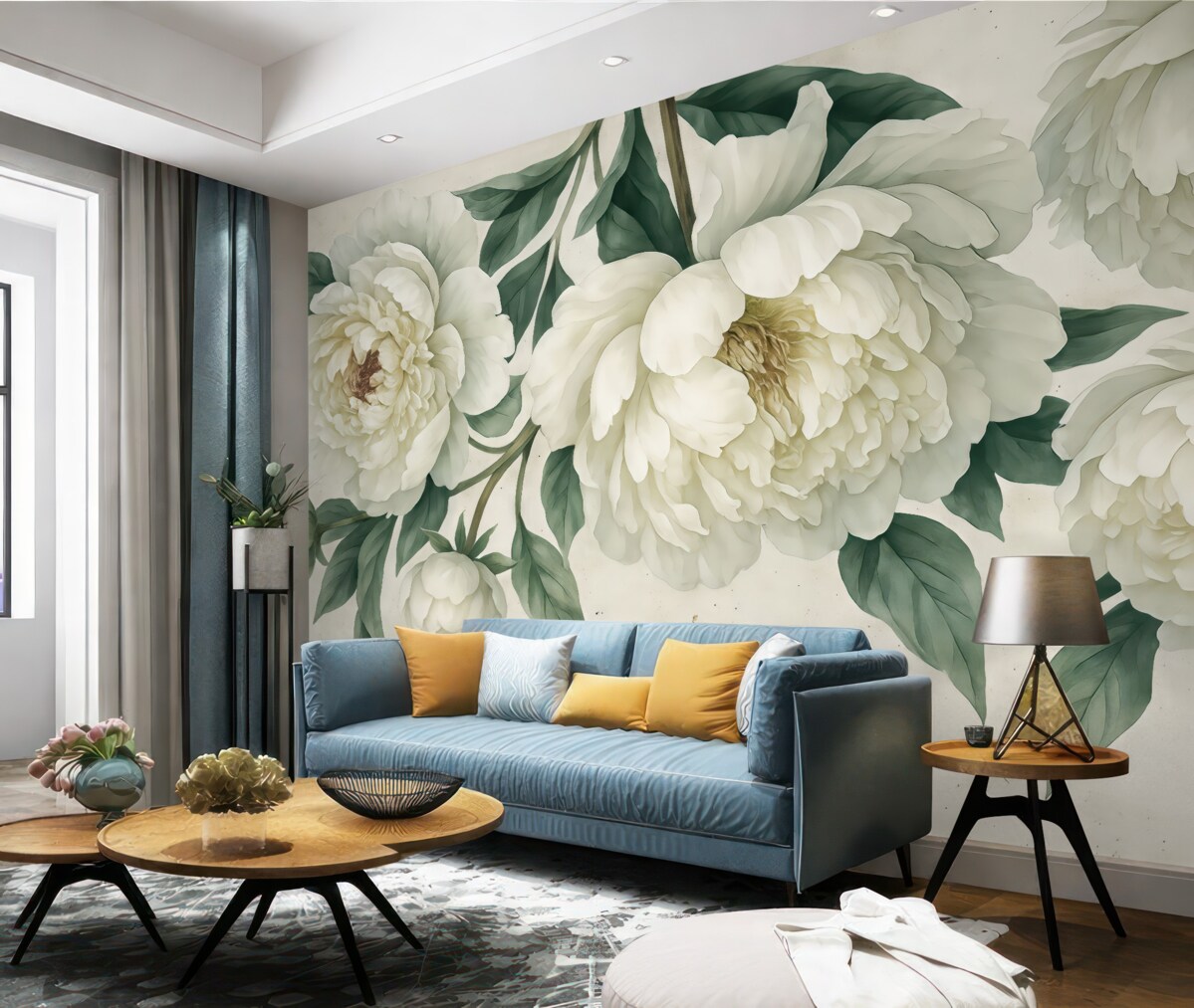 Fototapeta Białe, duże piwonie z zielonymi liśćmi na jasnym tle z fakturą.