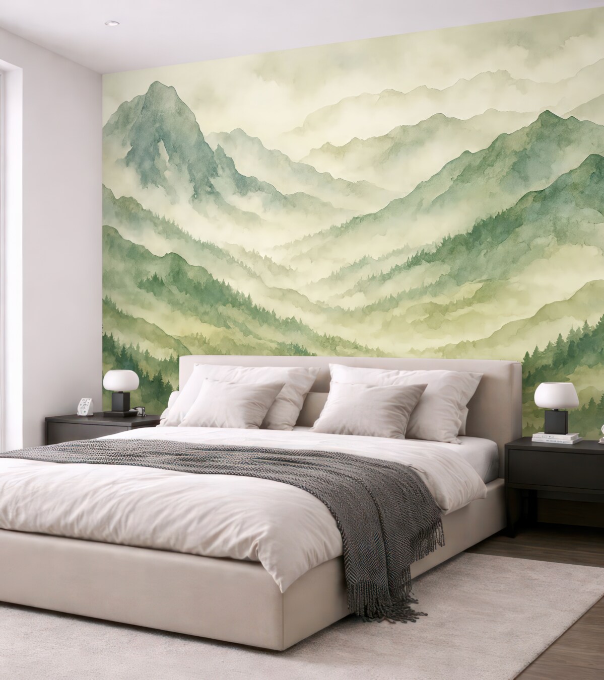 Fototapeta Pasma górskie w akwareli, pejzaż, pejzaż, zielony, szary, odcień sepii.