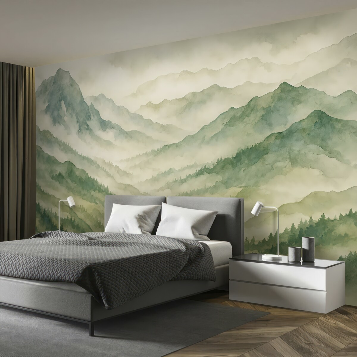 Fototapeta Pasma górskie w akwareli, pejzaż, pejzaż, zielony, szary, odcień sepii.