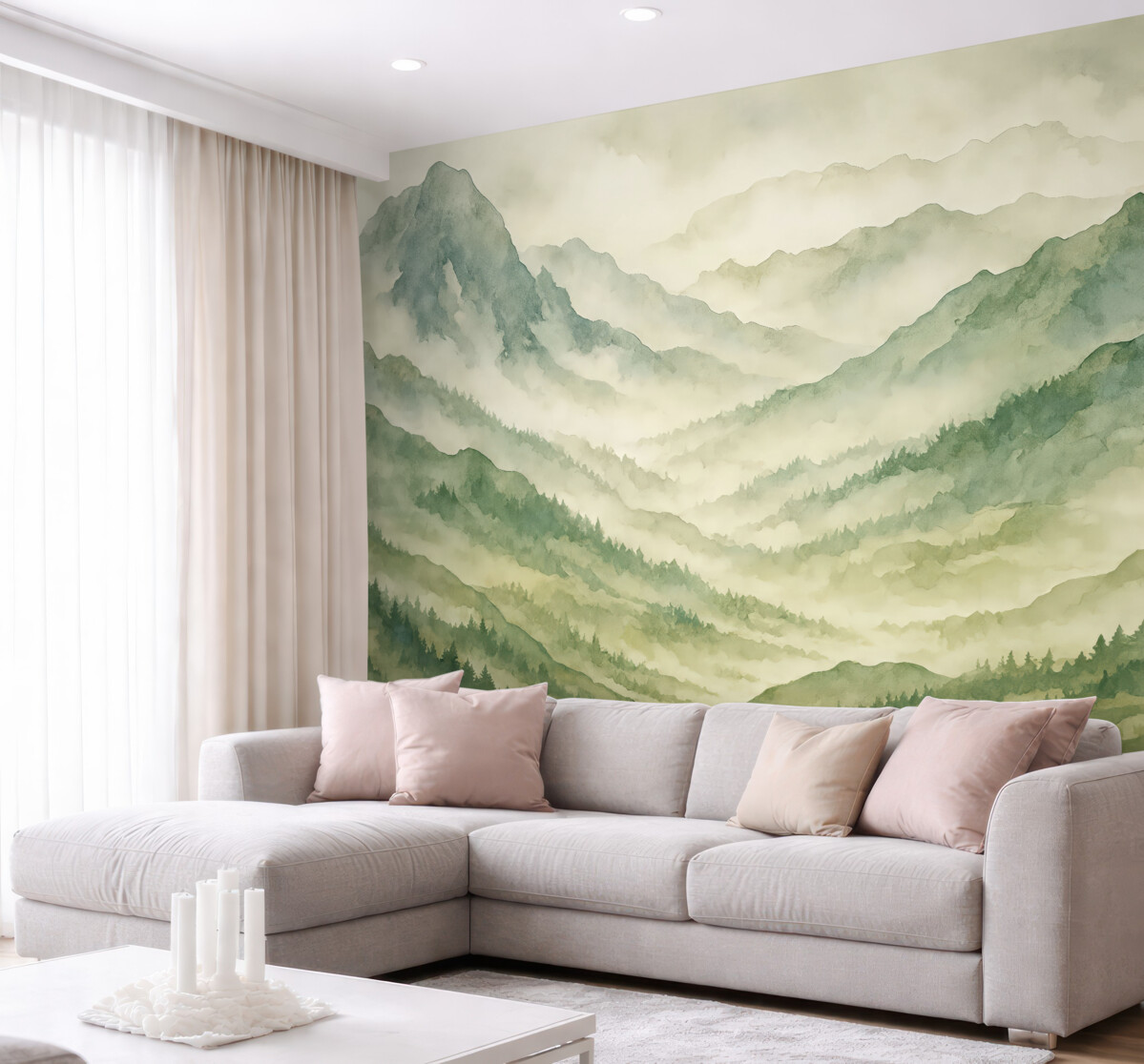 Fototapeta Pasma górskie w akwareli, pejzaż, pejzaż, zielony, szary, odcień sepii.