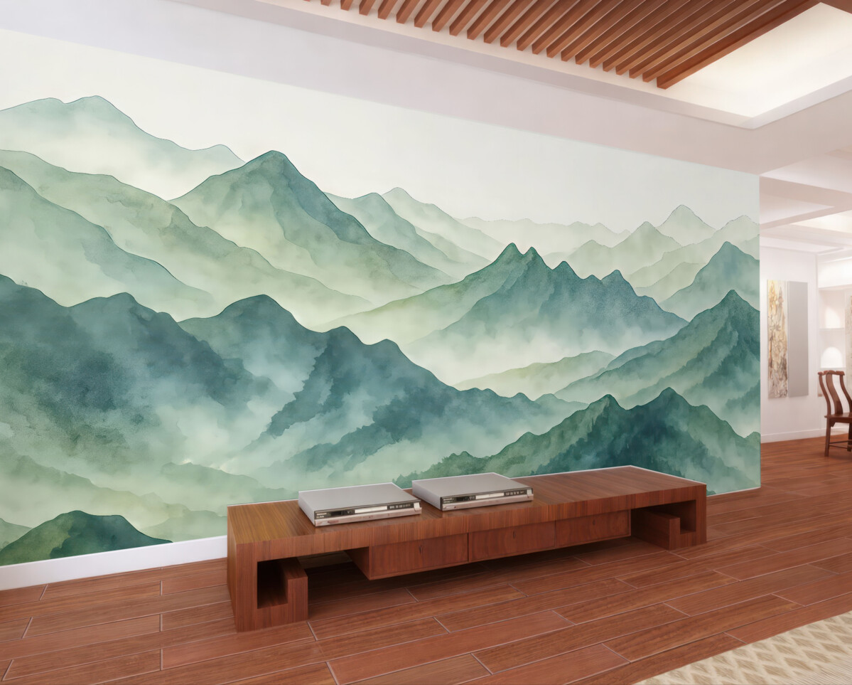 Fototapeta Szczyty gór i przełęcze, akwarela, pejzaż, widok, kolor błękitny, szary.