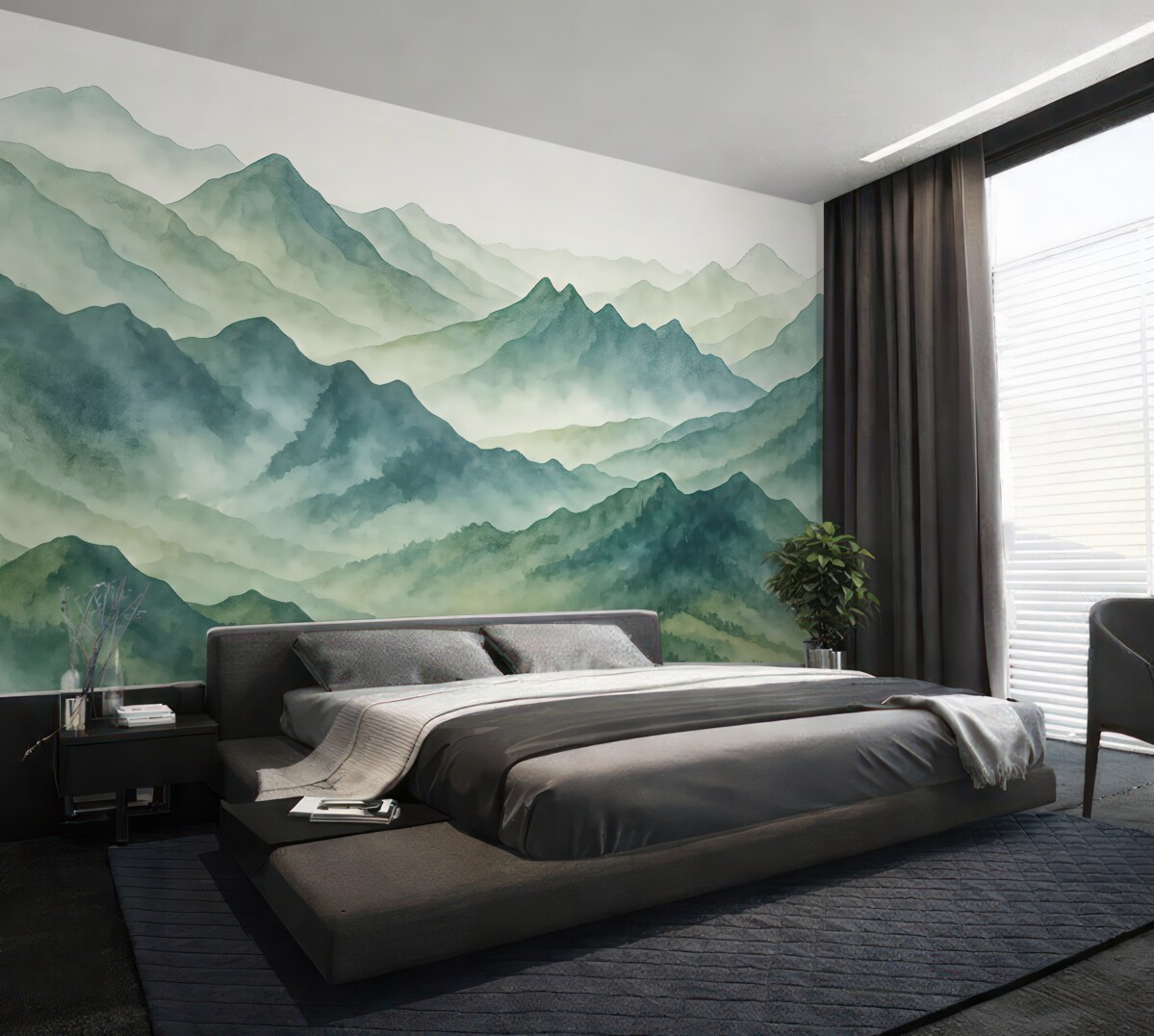 Fototapeta Szczyty gór i przełęcze, akwarela, pejzaż, widok, kolor błękitny, szary.