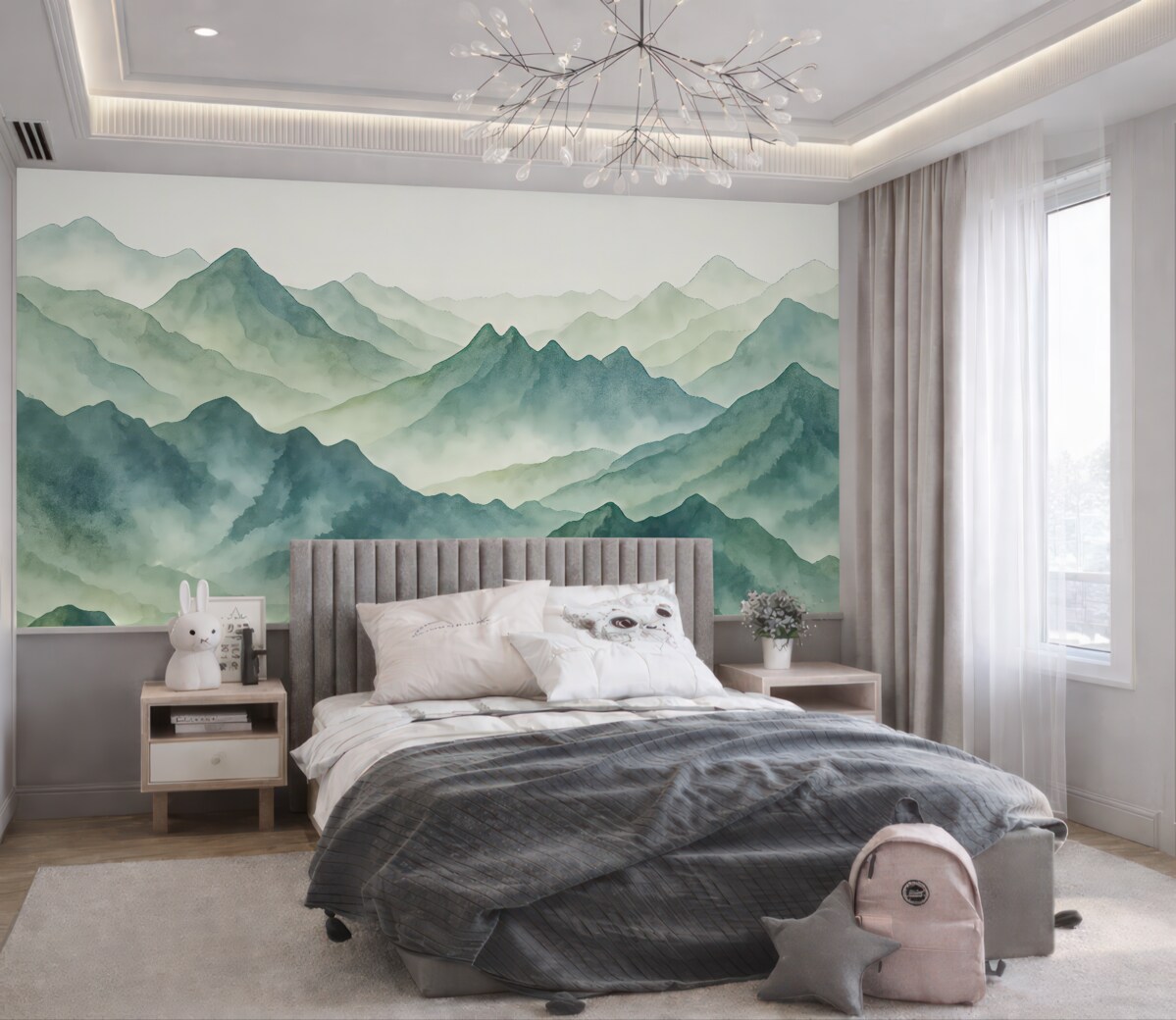 Fototapeta Szczyty gór i przełęcze, akwarela, pejzaż, widok, kolor błękitny, szary.