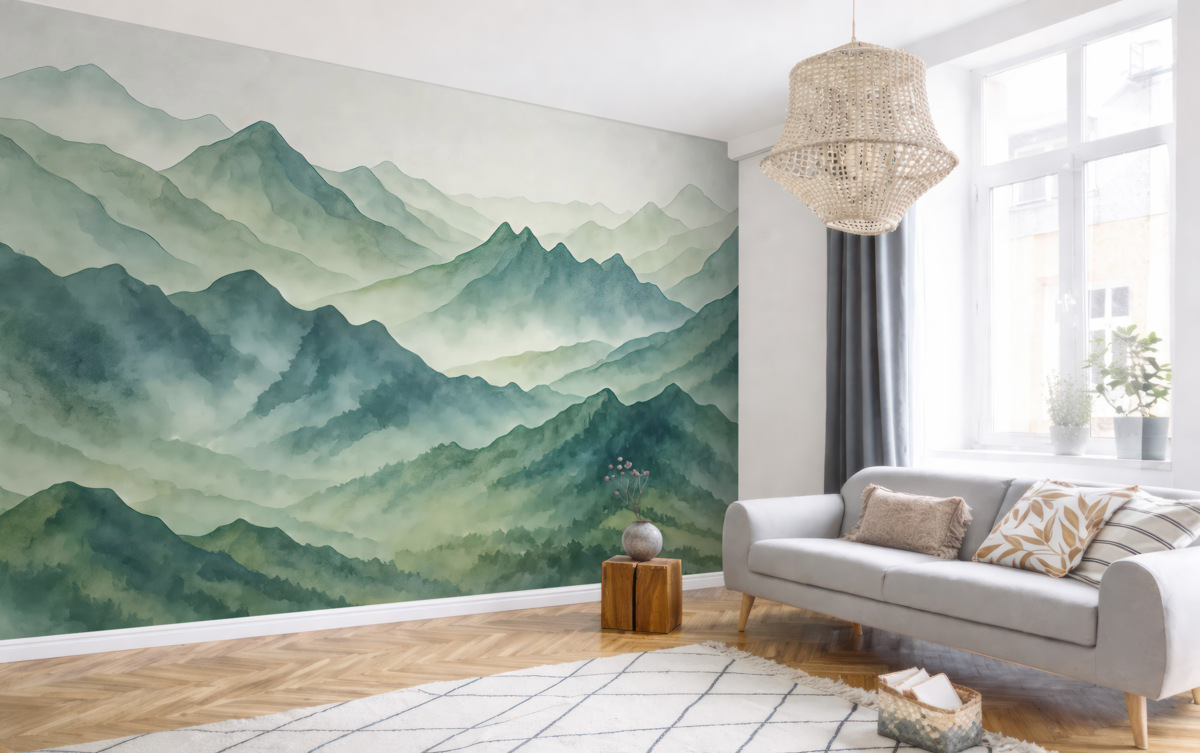 Fototapeta Szczyty gór i przełęcze, akwarela, pejzaż, widok, kolor błękitny, szary.