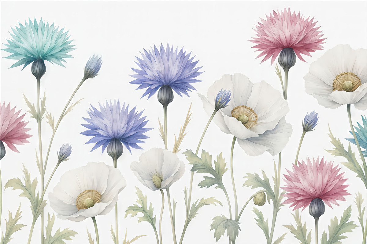Fototapeta Kwiaty polne, białe maki, chabry w akwareli, niebieski, różowy, zielony.
