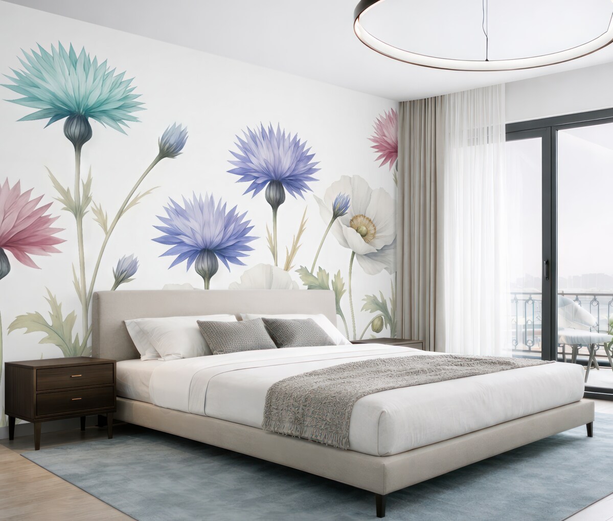 Fototapeta Kwiaty polne, białe maki, chabry w akwareli, niebieski, różowy, zielony.