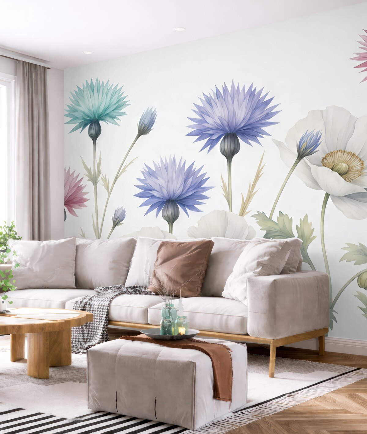 Fototapeta Kwiaty polne, białe maki, chabry w akwareli, niebieski, różowy, zielony.