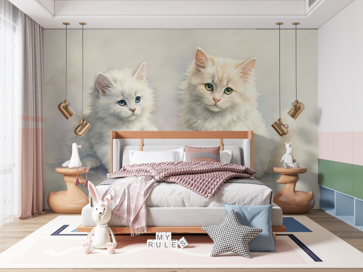 Fototapeta Białe, puszyste koty z niebieskim kłębuszkiem włóczki, akwarela.