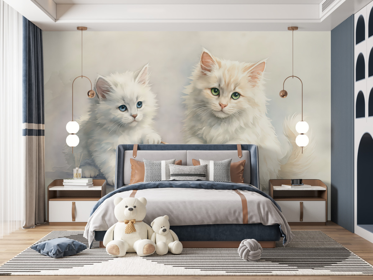 Fototapeta Białe, puszyste koty z niebieskim kłębuszkiem włóczki, akwarela.