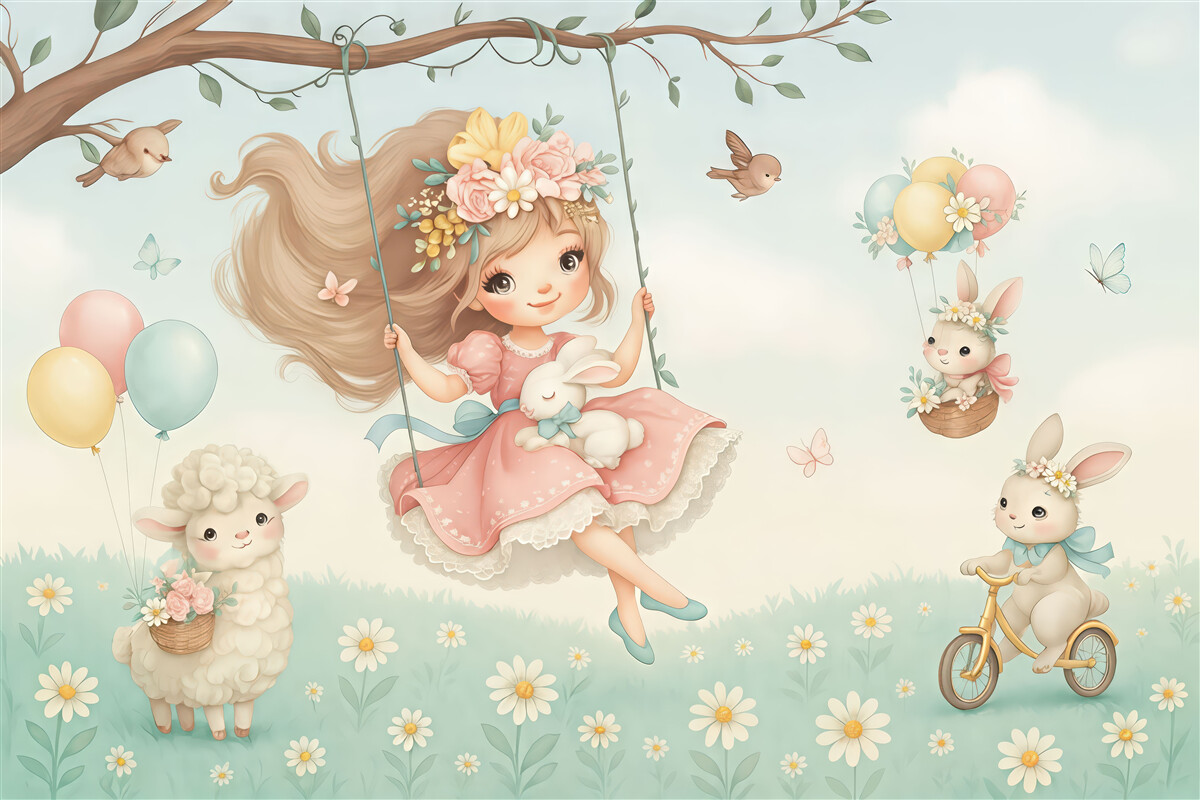 Fototapeta Pejzaż z dziewczyną na huśtawce i sympatycznymi zwierzętami.