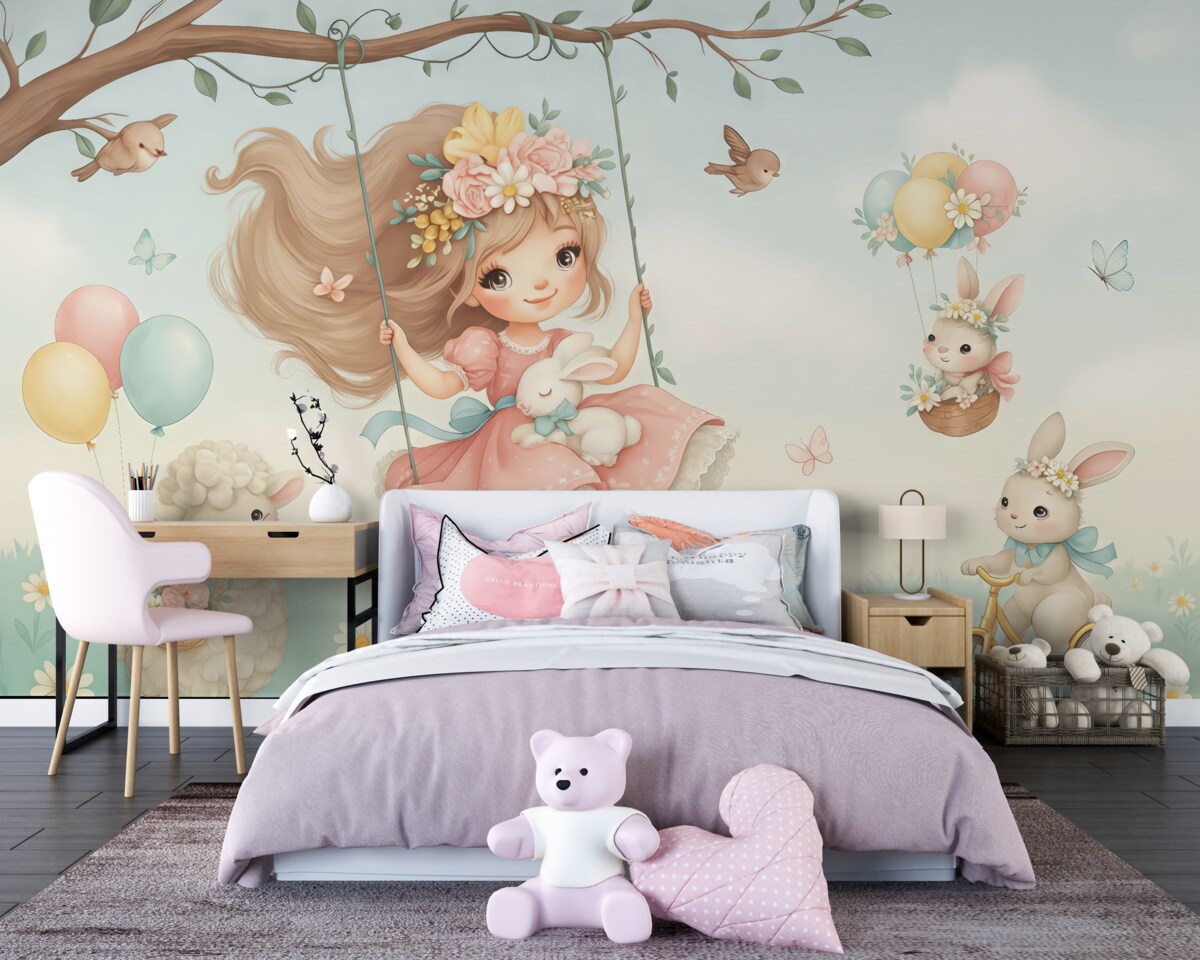 Fototapeta Pejzaż z dziewczyną na huśtawce i sympatycznymi zwierzętami.