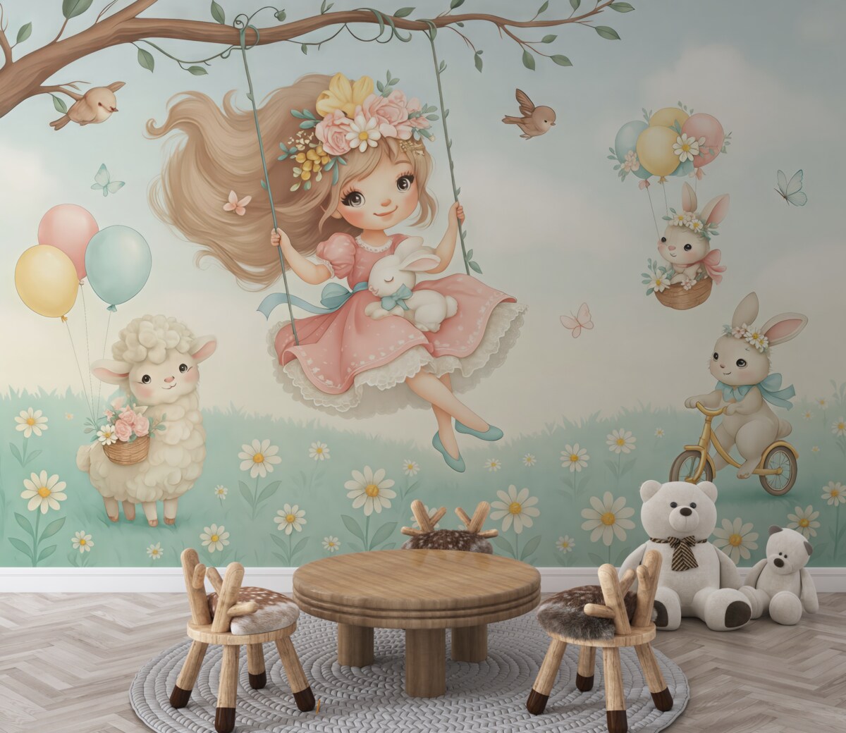 Fototapeta Pejzaż z dziewczyną na huśtawce i sympatycznymi zwierzętami.