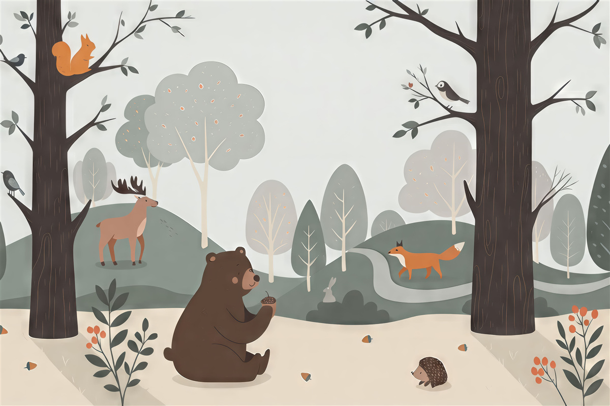 Fototapeta Las z misiem, lisem, królikiem, łosiem, wiewiórką i jeżem.