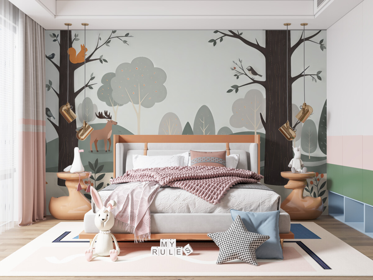 Fototapeta Las z misiem, lisem, królikiem, łosiem, wiewiórką i jeżem.