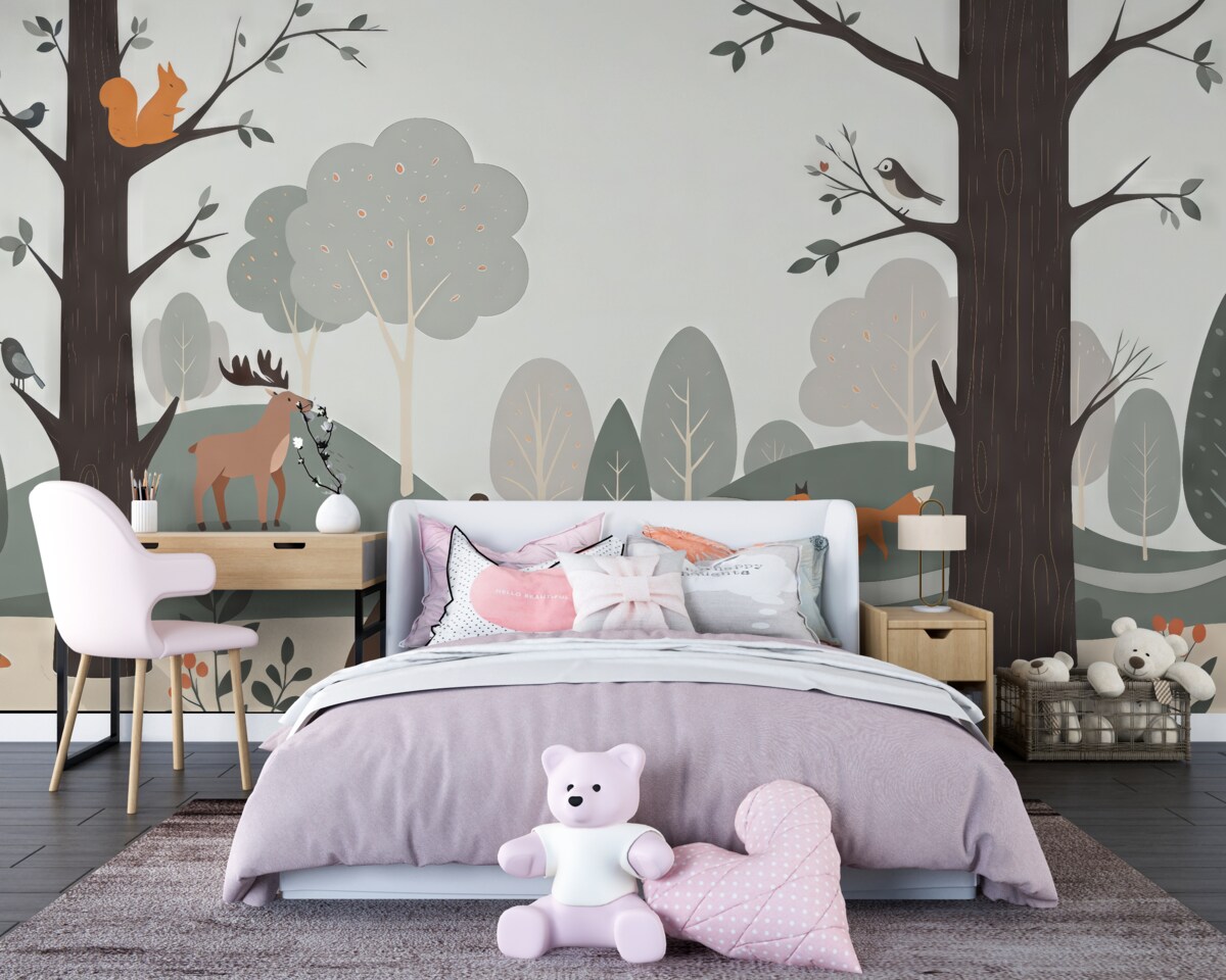 Fototapeta Las z misiem, lisem, królikiem, łosiem, wiewiórką i jeżem.