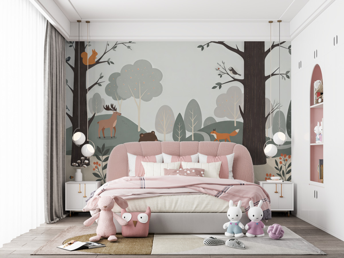 Fototapeta Las z misiem, lisem, królikiem, łosiem, wiewiórką i jeżem.