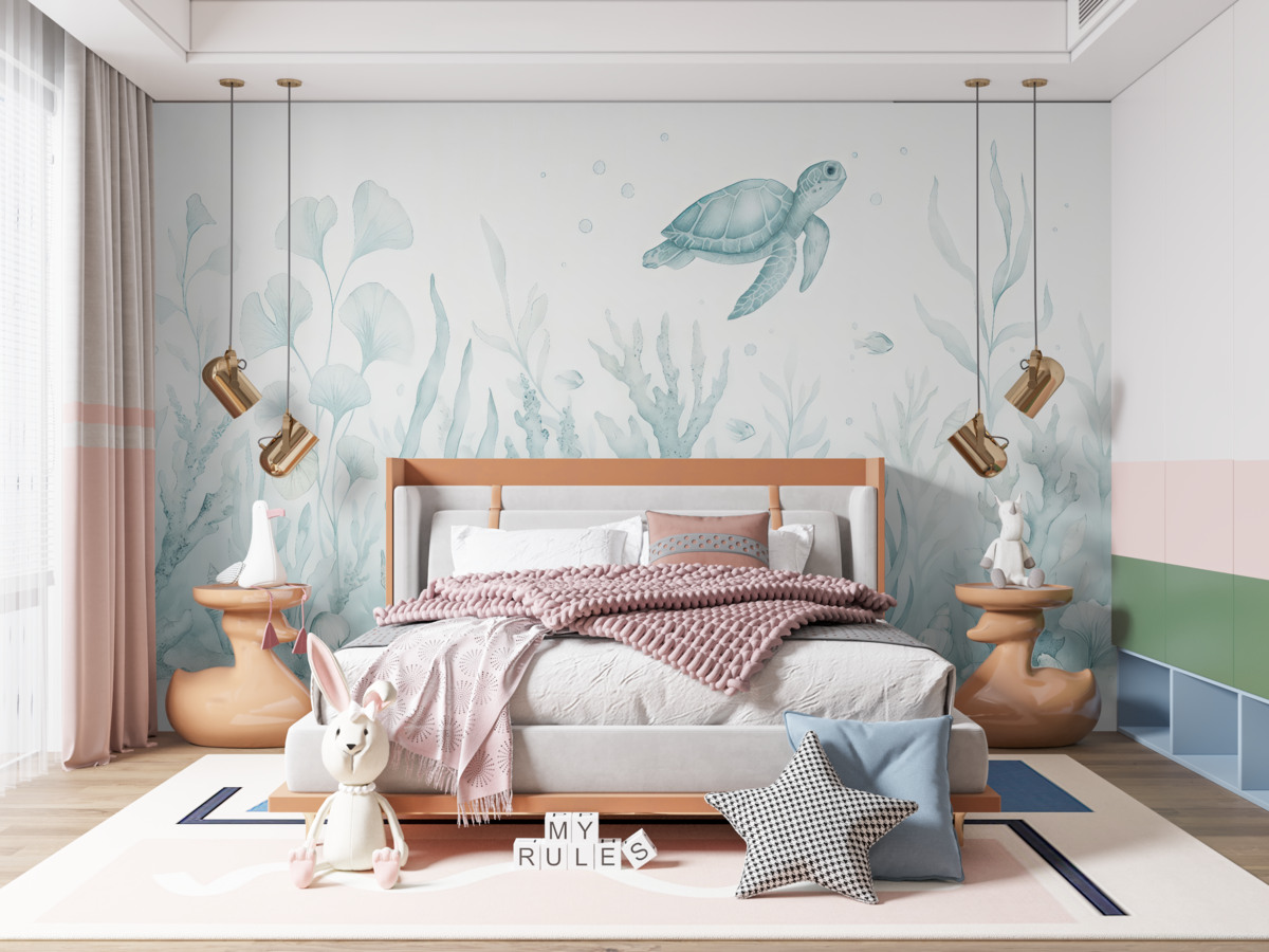 Fototapeta Akwarela koralowce, muszki, żółwik, życie oceaniczne, subtelne niebieskie odcienie.