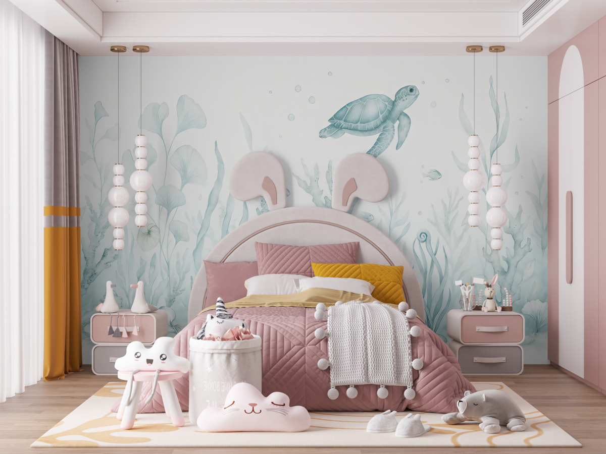 Fototapeta Akwarela koralowce, muszki, żółwik, życie oceaniczne, subtelne niebieskie odcienie.