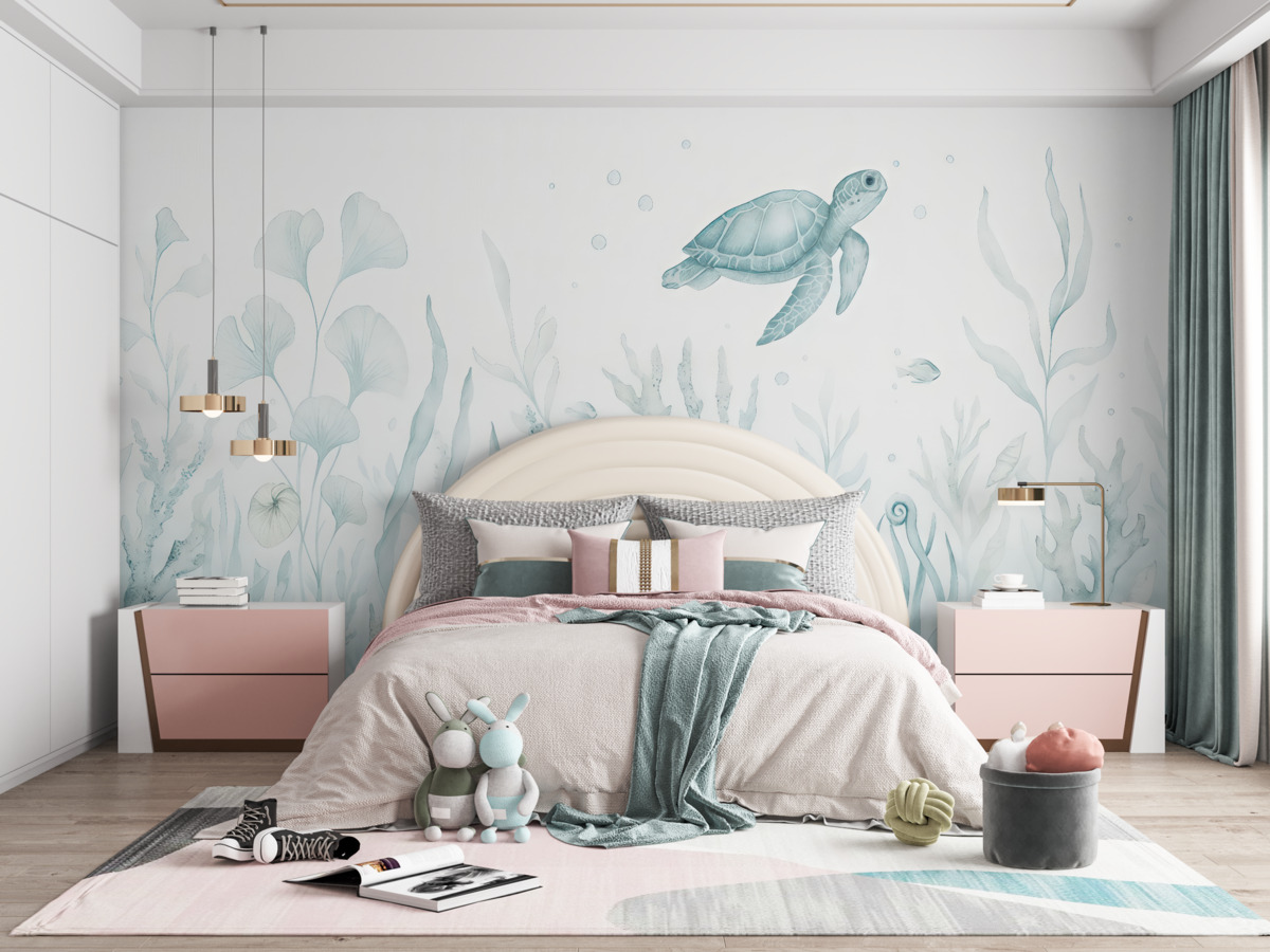 Fototapeta Akwarela koralowce, muszki, żółwik, życie oceaniczne, subtelne niebieskie odcienie.