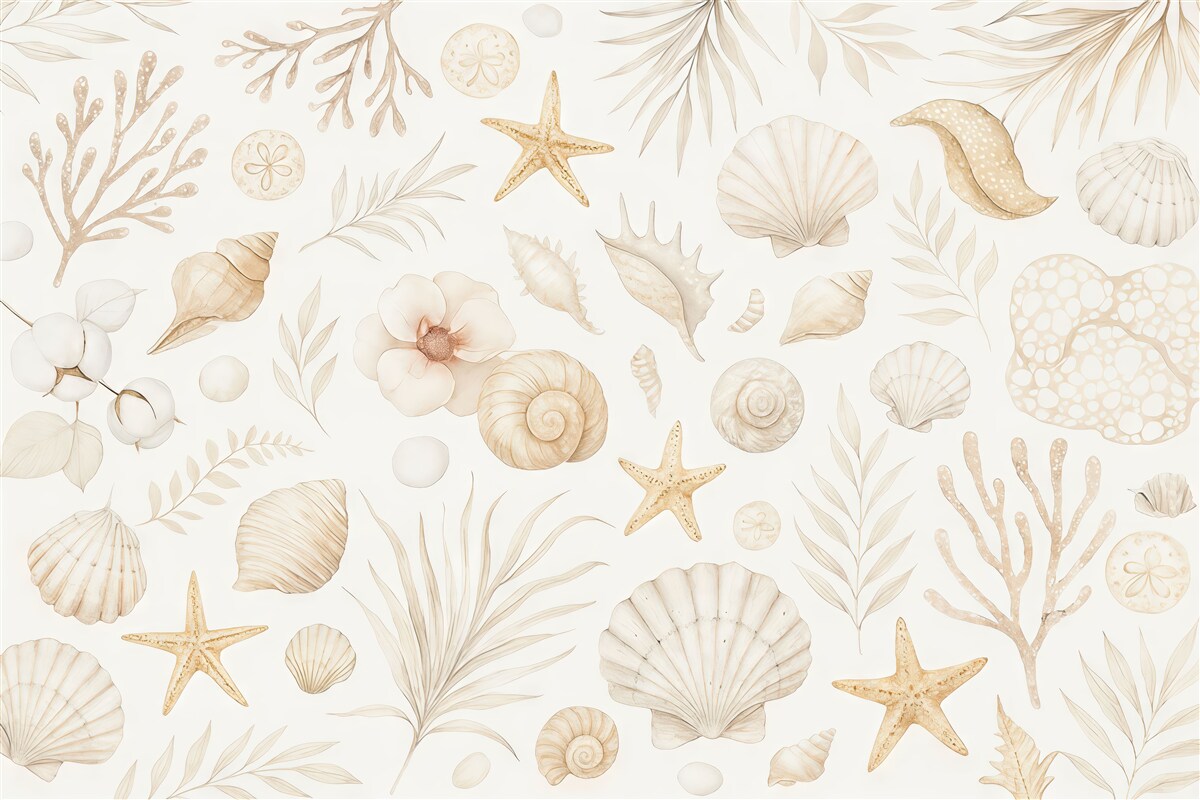 Fototapeta Akwarela o motywie marynistycznym, styl boho, muszki, koralowce, bawełna, odcienie beżu.