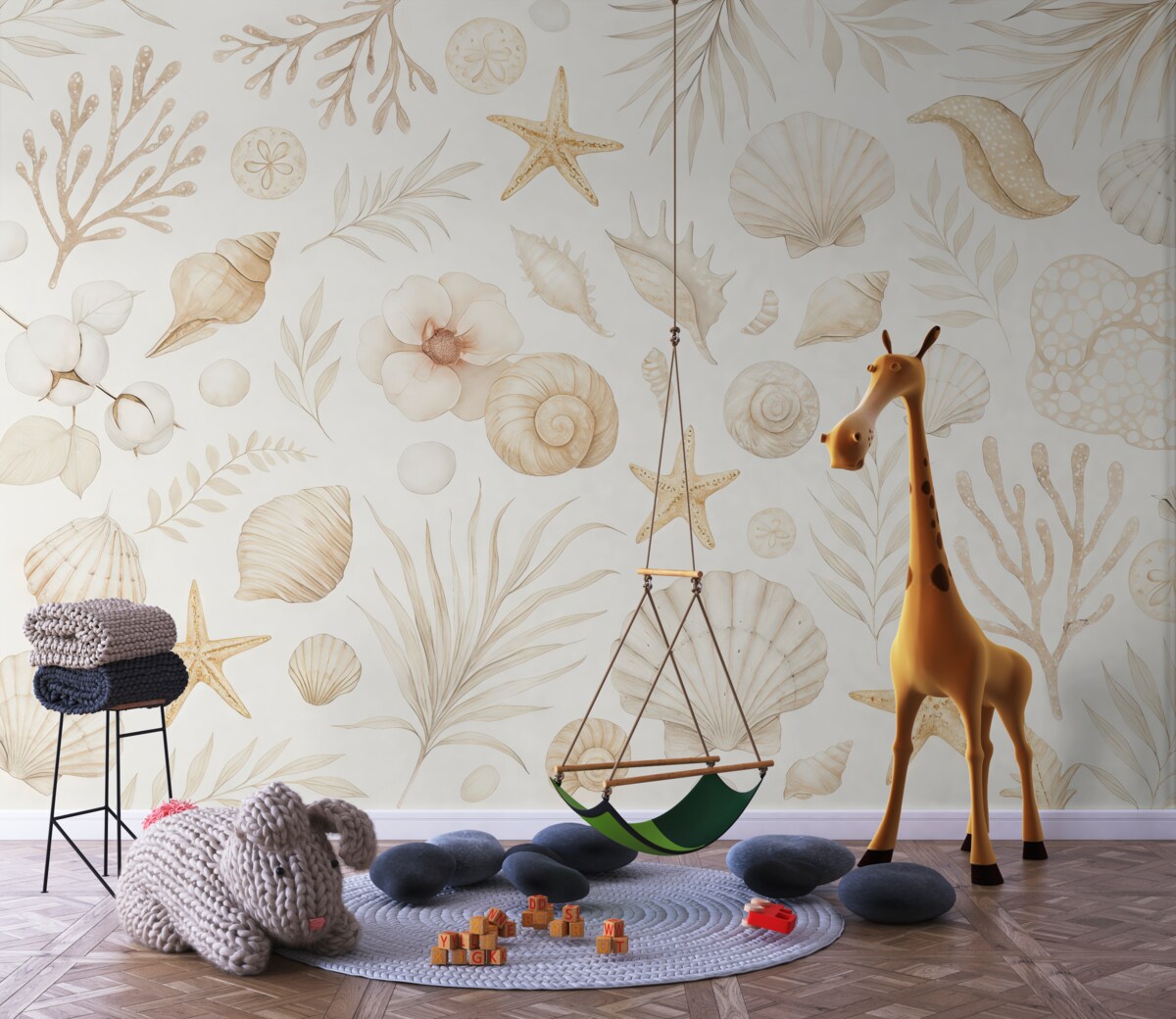 Fototapeta Akwarela o motywie marynistycznym, styl boho, muszki, koralowce, bawełna, odcienie beżu.