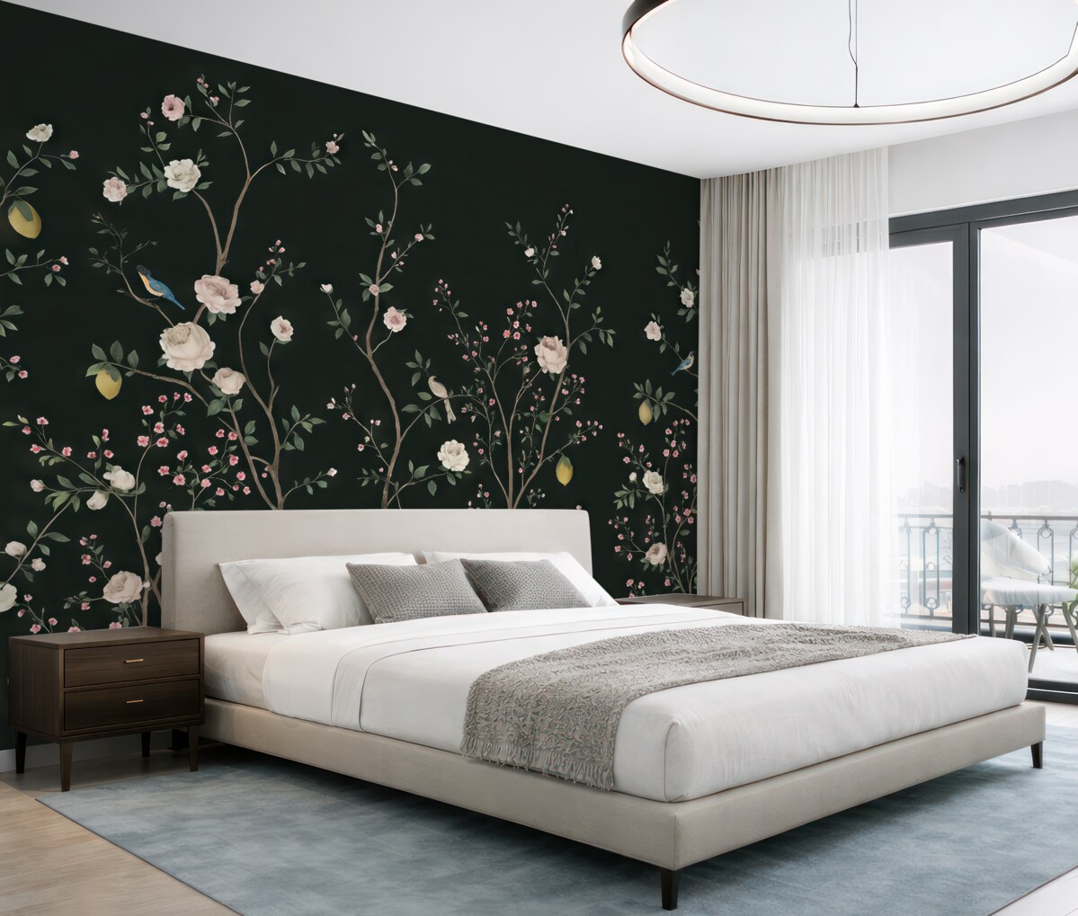 Fototapeta Niewielkie gałązki kwiatów na zielonym tle.