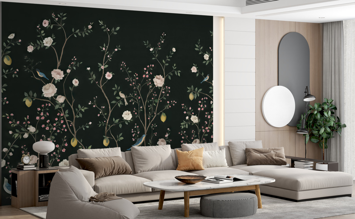 Fototapeta Niewielkie gałązki kwiatów na zielonym tle.