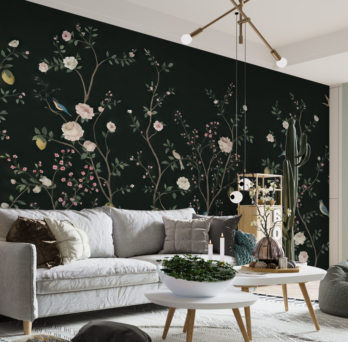 Fototapeta Niewielkie gałązki kwiatów na zielonym tle.