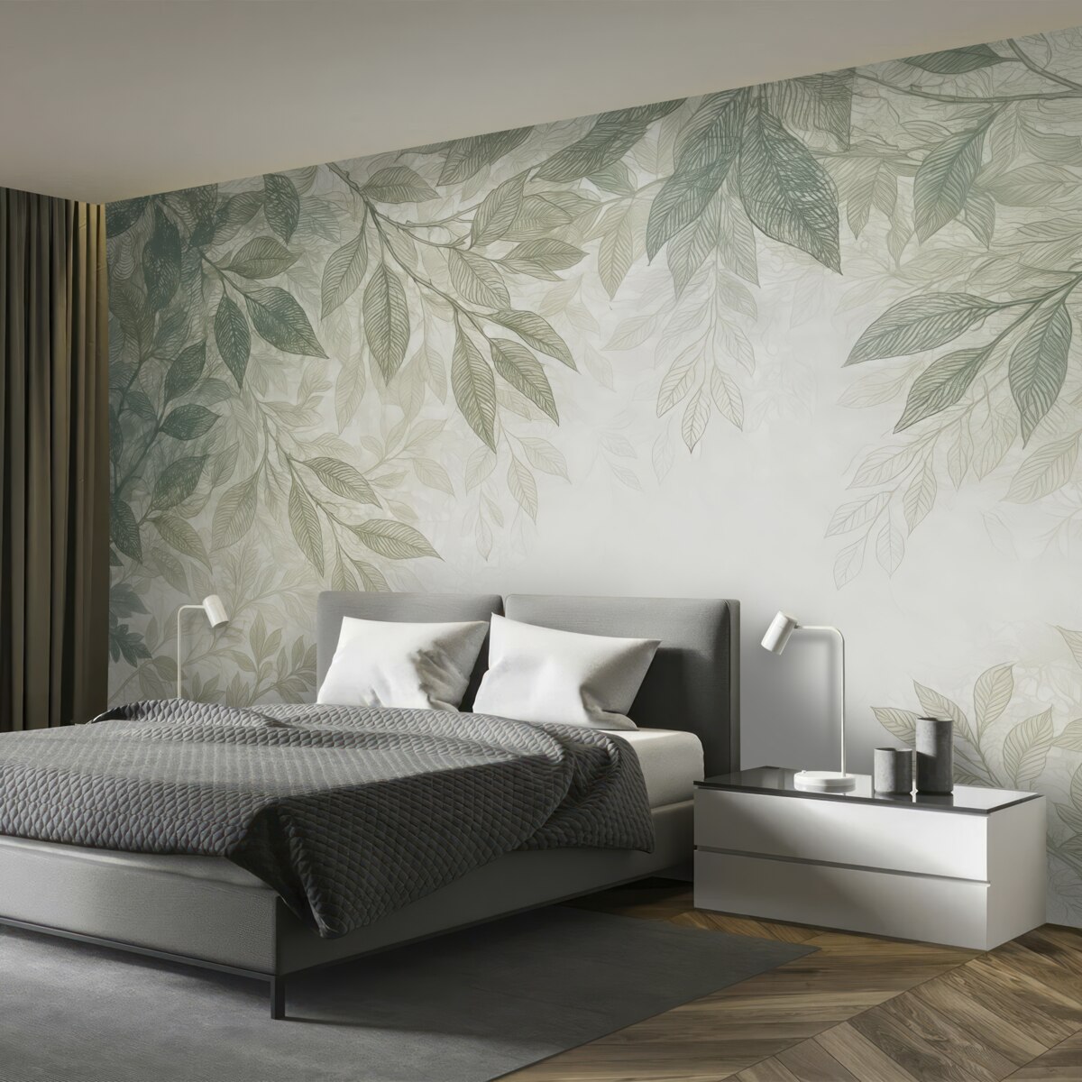 Fototapeta Delikatne, mgłą otoczone liście w tonacjach zieleni i szarości na jasnym tle ilustracji.