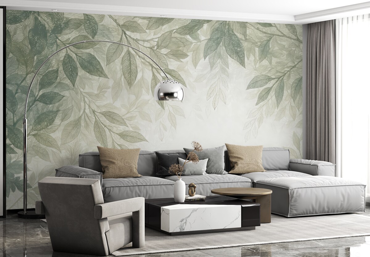 Fototapeta Delikatne, mgłą otoczone liście w tonacjach zieleni i szarości na jasnym tle ilustracji.