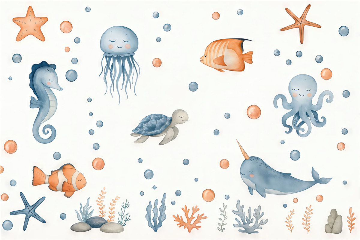 Fototapeta Śmieszne morskie istoty pod bąbelkami.