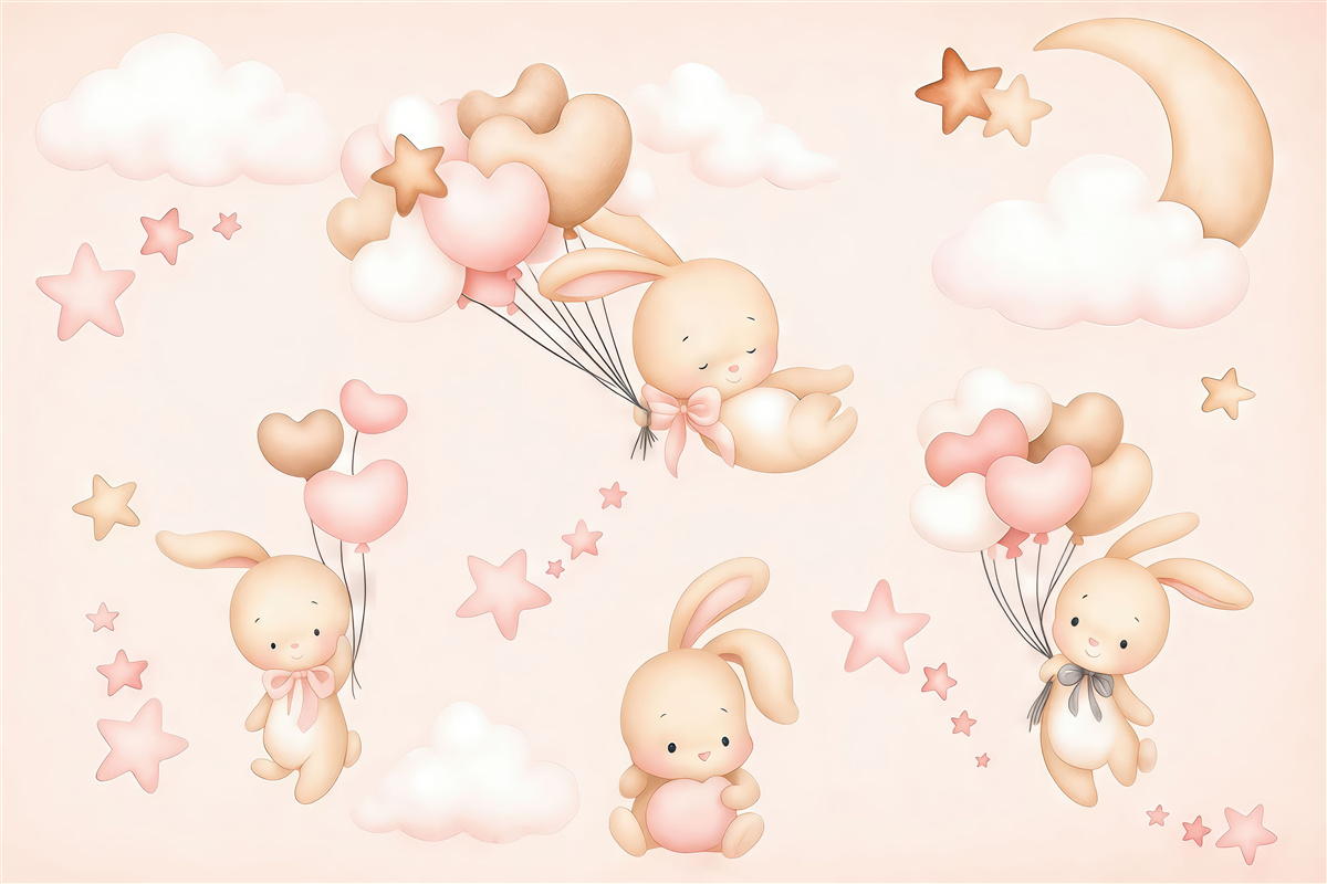 Fototapeta Króliczki w obłokach na jasno różowym tle.