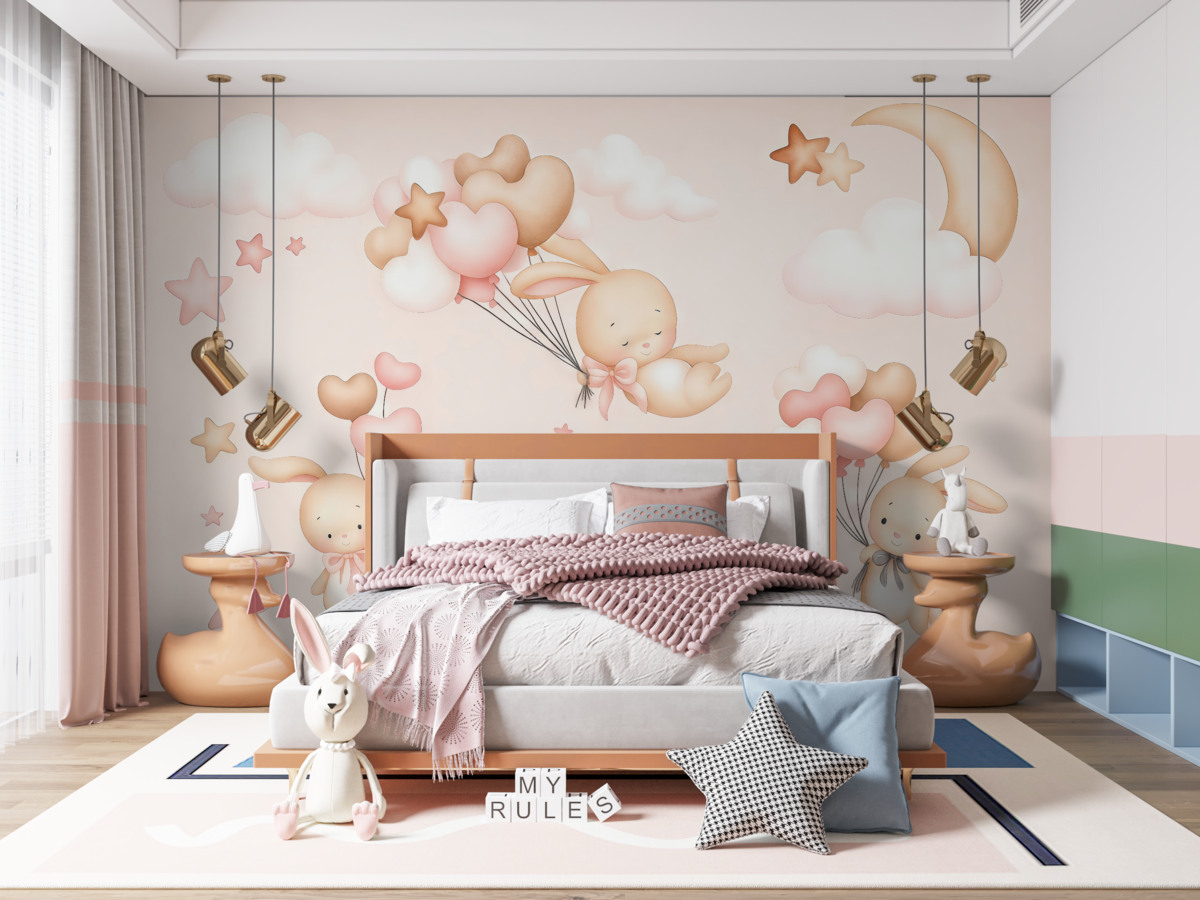 Fototapeta Króliczki w obłokach na jasno różowym tle.