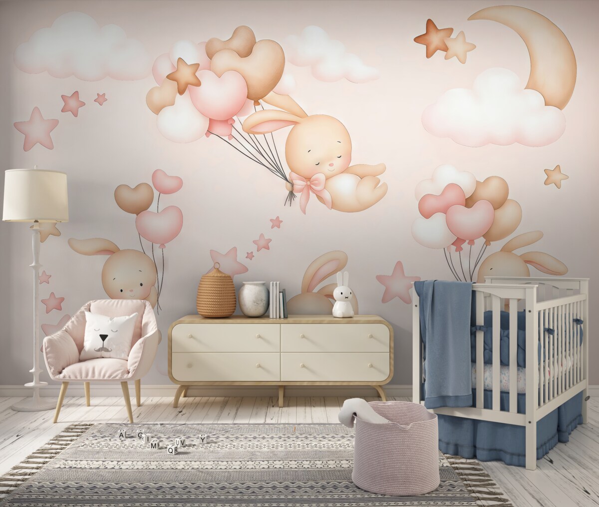 Fototapeta Króliczki w obłokach na jasno różowym tle.