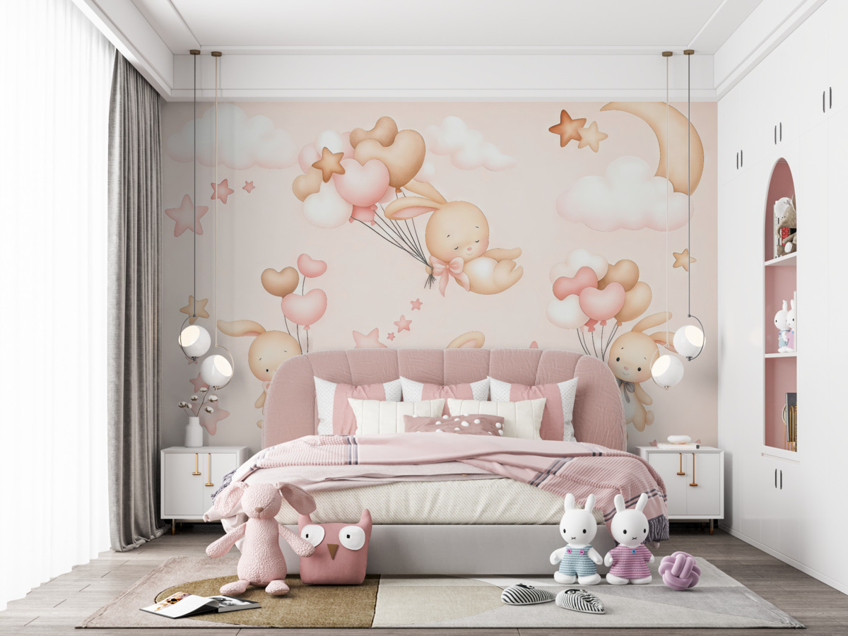 Fototapeta Króliczki w obłokach na jasno różowym tle.